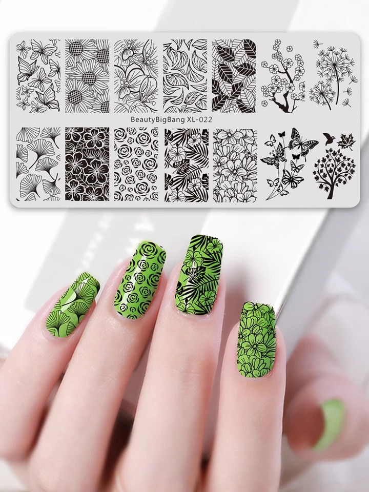 BeautyBigBang Flower Nail Art Stamping Board Butterfly Plant Leaves Stainless Steel Nail Stamping Template Handmade Tool 240625