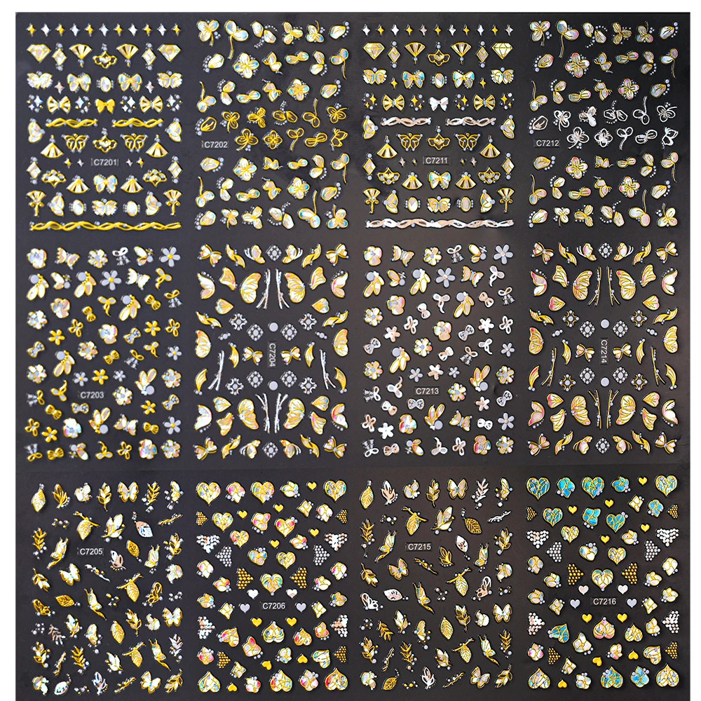 20 Spring Flower Nail Stickers 3D Self Adhesive Colored Gold Blue Butterfly Nail Stickers Gold Decoration Y2K 240625
