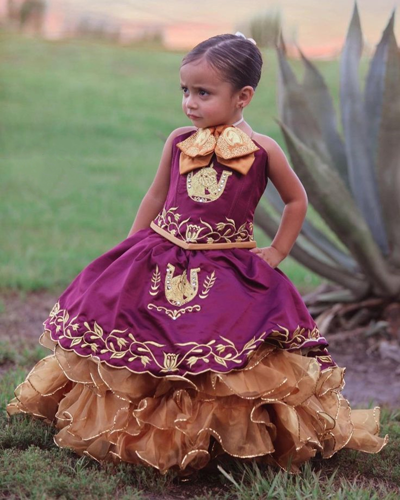 Cute Embroidery Flower Girls Dresses With Short Jacket Ruffle Tiered Ball Gown Prom Birthday Dress Floor Length Brown And Bungudy Toddler Kids Formal 