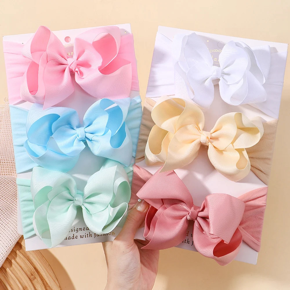 born Wide Nylon Turban Girls Big Bows Hair Accessories Child Headband Elastic Bands Ribbon Kids Baby Headwear 1pcs 240625