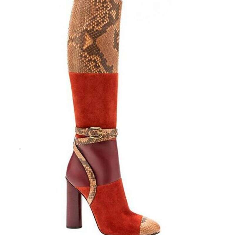 Sheepskin Knee High Square Heels Design Patchwork High Quality Woman Autume Winter Party Dress Long Boots