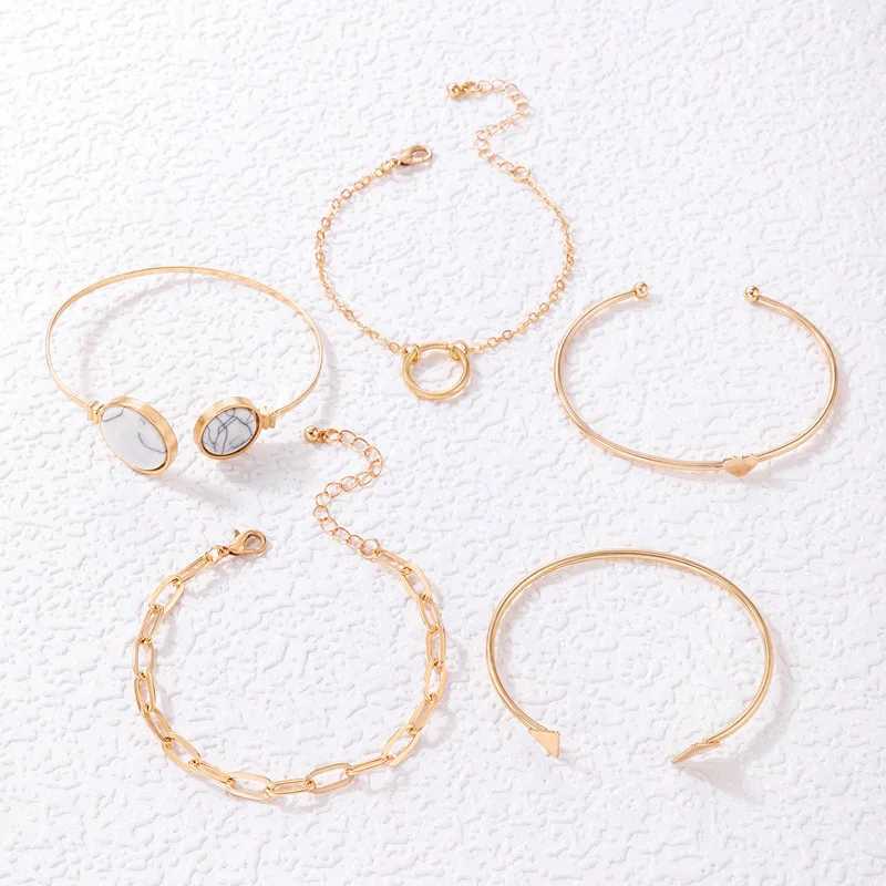 Bangle Trendy Geometric Link Chain Bracelet Set For Women Rhinestones Gold Color Triangle Heart Pendant Open Cuff Bangle Girls Jewelry