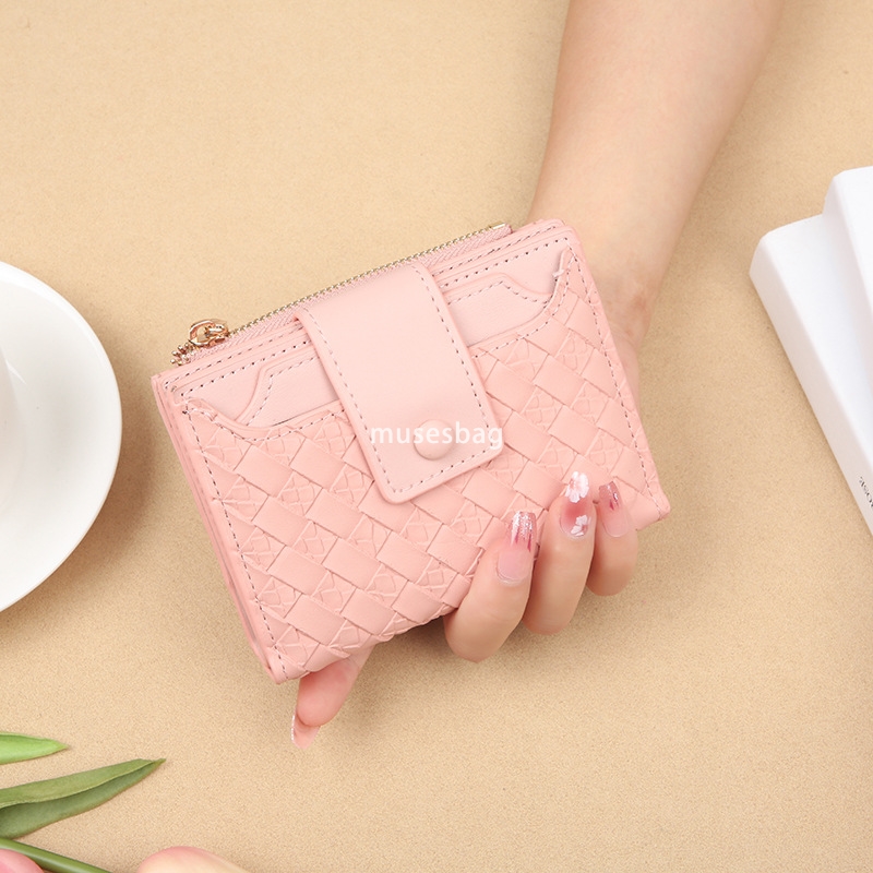 Fashionable Women's High Quality Short Wallet with Woven Pattern and Multiple Card Positions PU Leather Solid Color Simple Large Capacity Change 