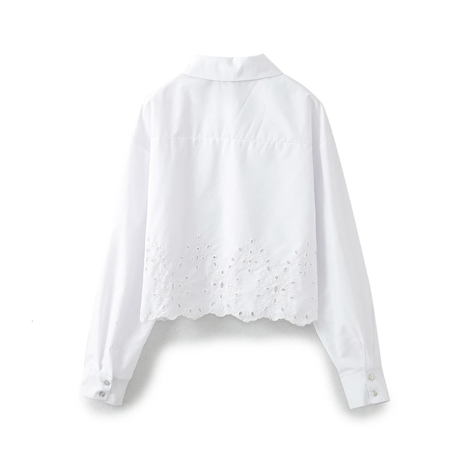 Womens shirt with hollowed out embroidery fashionable and versatile short single breasted long sleeved top 240625
