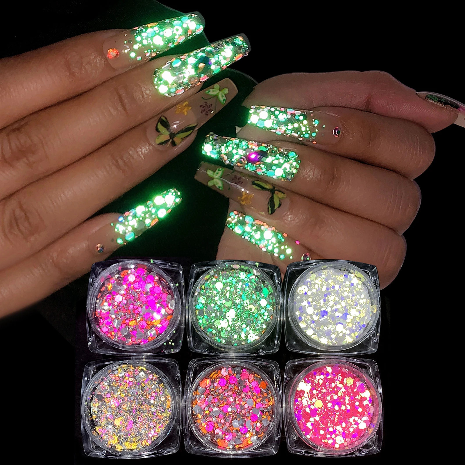 6pcs/set Reflective Flash Glitter Nail Powder Flash Disco Crystal Diamond Chrome Pigment Dipping Powder Party Sparkly 240625
