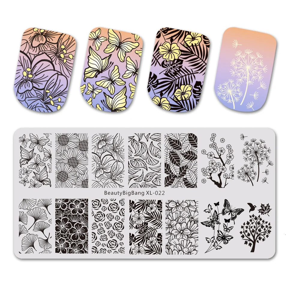 BeautyBigBang Flower Nail Art Stamping Board Butterfly Plant Leaves Stainless Steel Nail Stamping Template Handmade Tool 240625