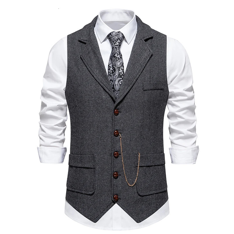 Mens Retro Lapel Chain Vest Fashion Herringbone Coarse Tweed Pockets Suit Vest British Casual Vintage Gentleman Leisure Party 240615