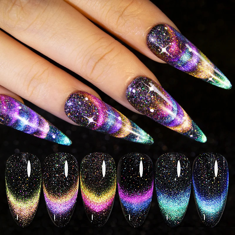 BOZLIN 7.5ml Double Light Reflective Magnetic Gel Sparkling Rainbow Soak Off Semi anent Nail Art Disco Flashing Cat Eye Gel 240625