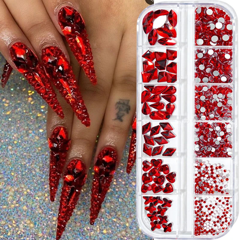 12 Grid/Box Crystal Nail Art Rhinestone Glass SS4-SS16 Nail Shining Tablet 3D DIY Nail Art Decoration 240625