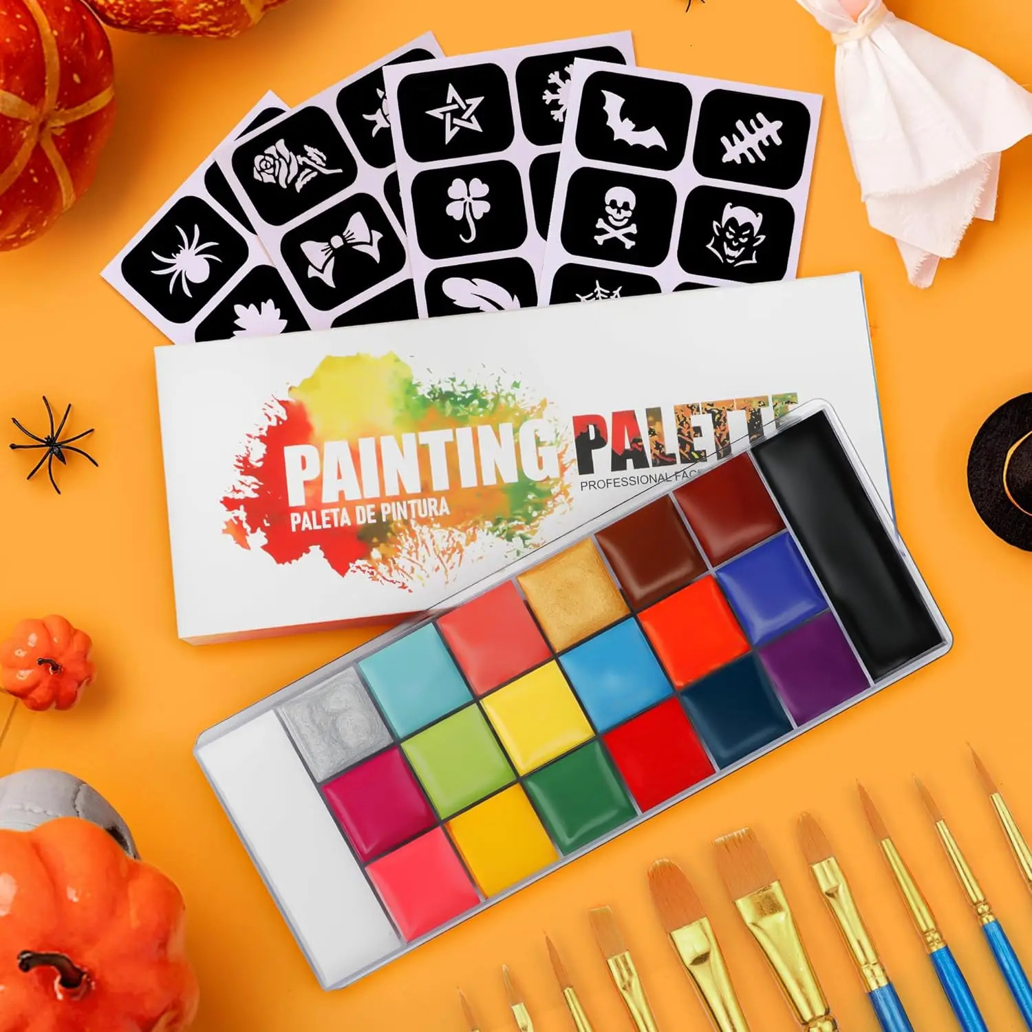 Face Body Paint Palette Brushes Reusable Stencils Vibrant Colors Easy-to-Apply - Perfect for Halloween Cosplay Parties 240626