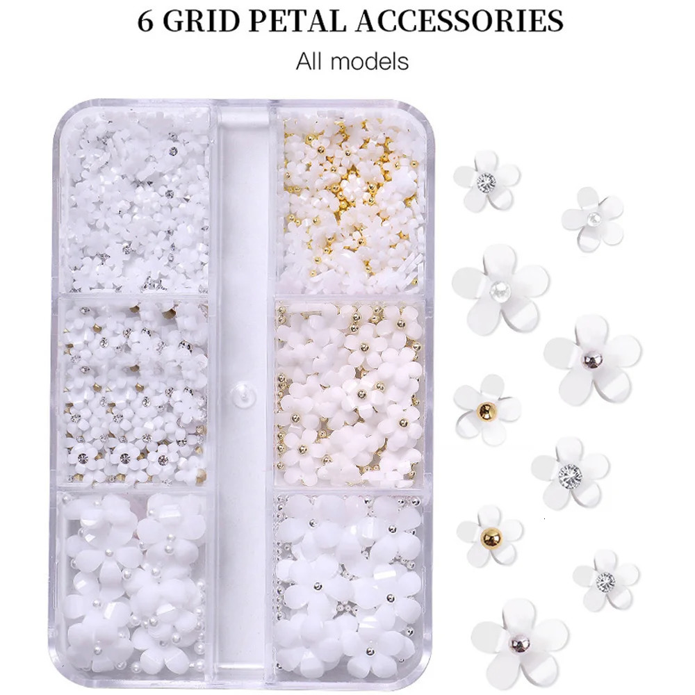 selling 6 grid Macaron 3D resin five petal nail art decoration mixed with small nail balls/crystals/flame accessories 240625