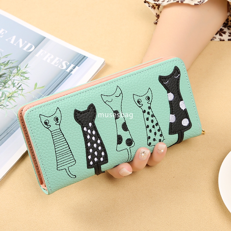 Fashionable women's designer temperament European and American cat cute cartoon embroidery thread lightweight and multifunctional zipper long wal