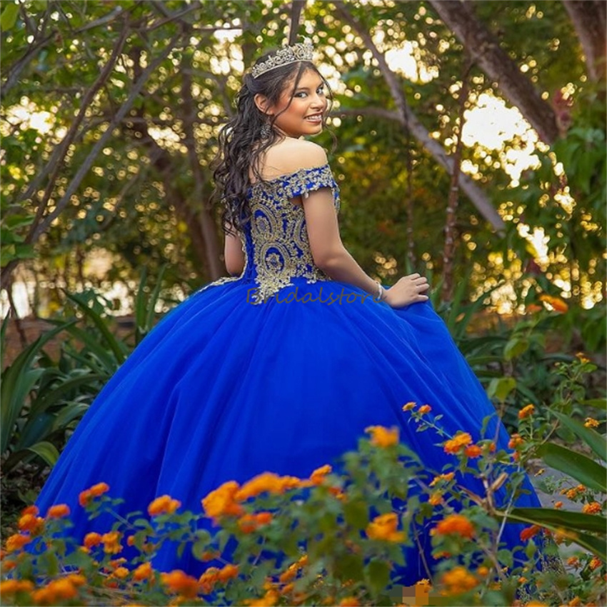 Royal Blue Plus Size Vestidos De 15 Quinceanera 2024 Off Shoulders Ball Gown Masquerade Fifteen Birthday Dress Gold Appliques Elegant Pageant Formal O