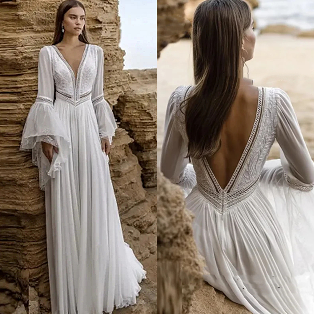 Beach Long Chiffon Wedding Dresses Deep V-Neck Pleats Long Flare Sleeves Boho Bridal Gowns Lace Appliques Backless White Wedding Gown Sweep Train 2024