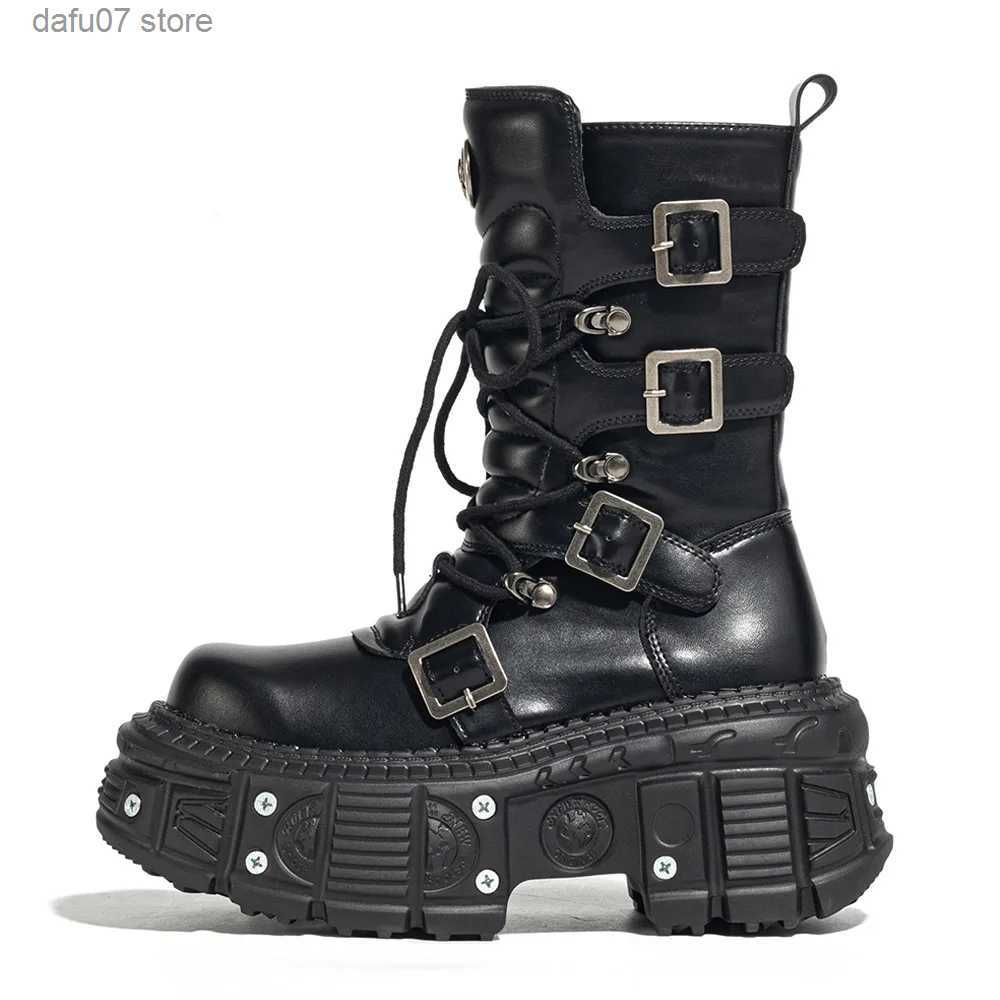 Boots 2025 New Punk Style Women Shoes Lace-up Platform Woman Rock Metal Decor Thick Bottom Street Shot Knight H240626