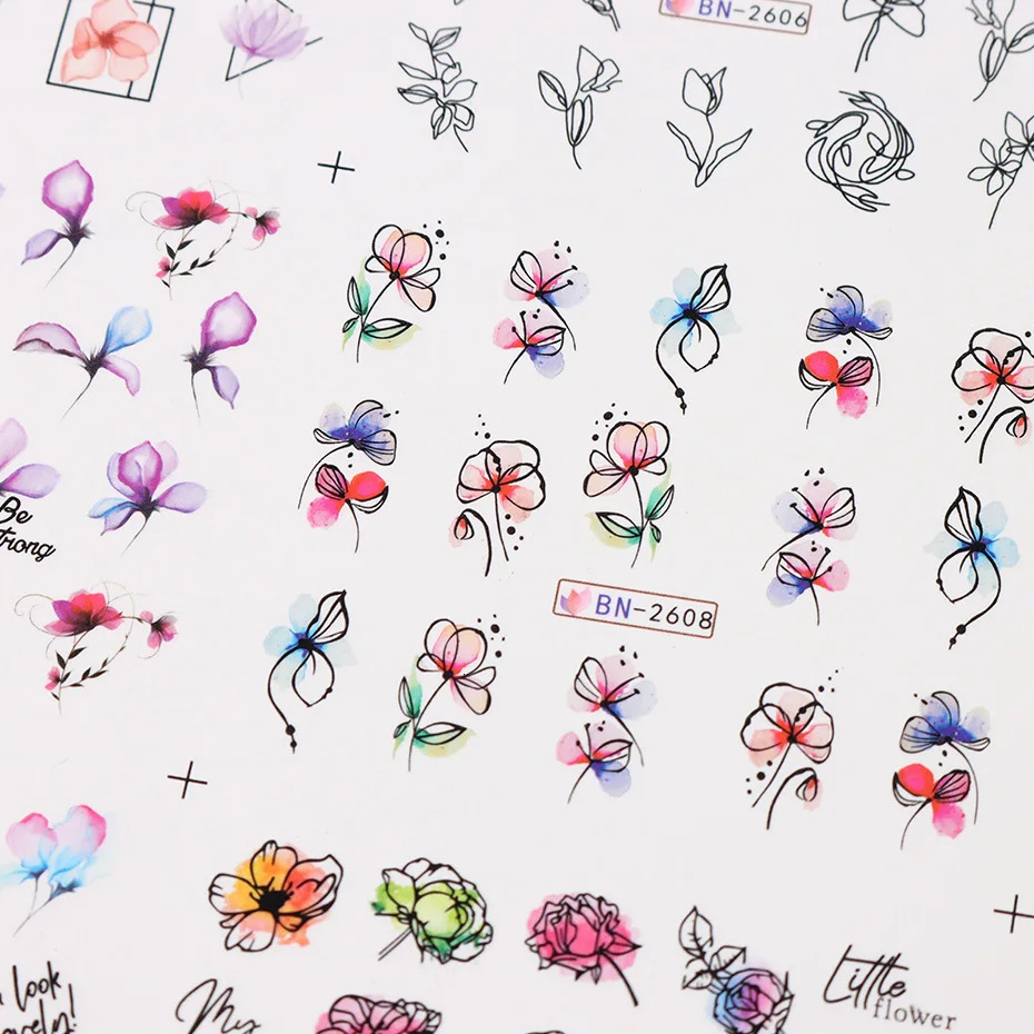 12 piece nail sticker set summer watercolor nail art ink flower leaf graffiti slider for nail decoration foil tattoo 240625