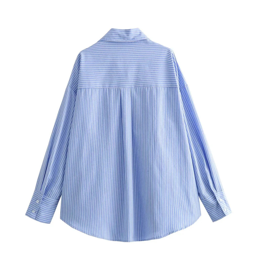 ZAR * Spring/Summer Selling Womens Casual Fashion Versatile Loose Blue Striped Oxford Shirt 240626