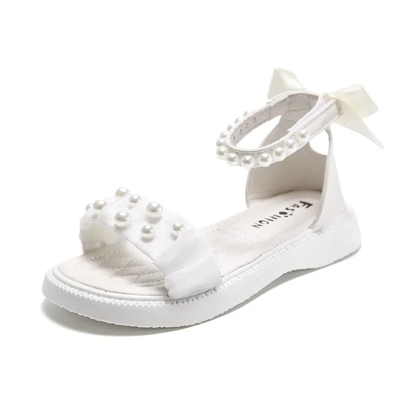 Girl Princess Dress Sandals Summer Chic Bowtie Children Causal Roman Sandals Fashion Pearl Ankle Strap Kid Open-toe Flat Sandals 240621