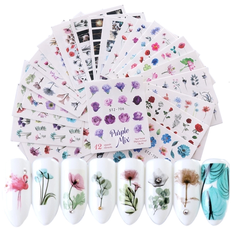 24 sheets/set of spring nail polish stickers flower and leaf graffiti sliders summer flowering colored plant patterns 3D ergonomic stickers 240625