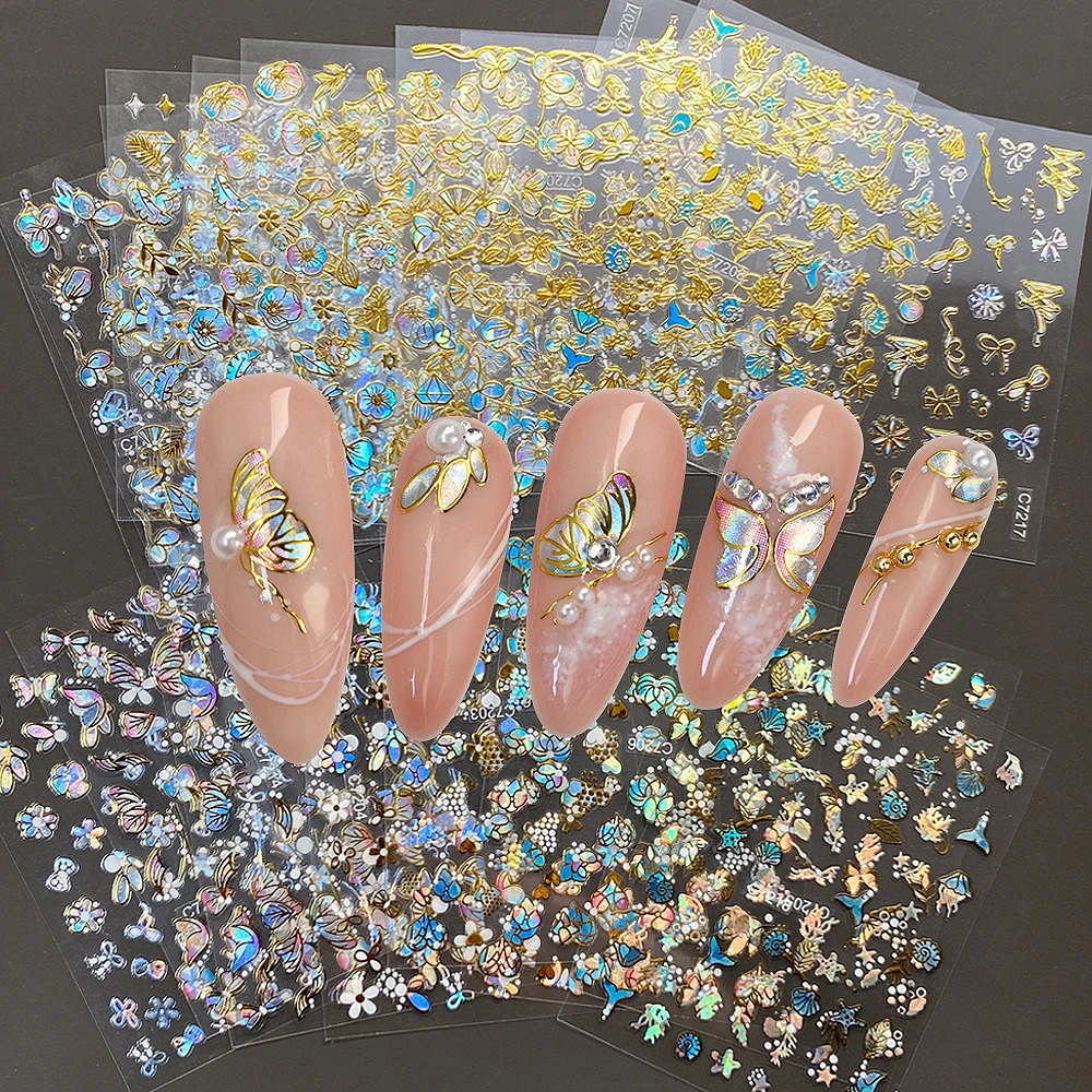20 Spring Flower Nail Stickers 3D Self Adhesive Colored Gold Blue Butterfly Nail Stickers Gold Decoration Y2K 240625