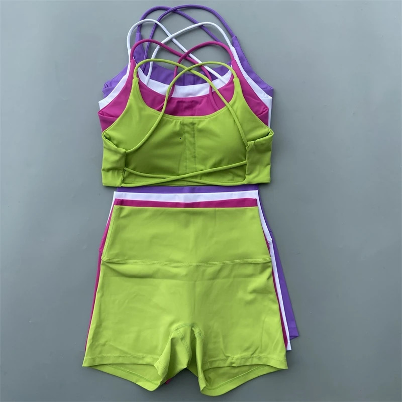 Yoga Shorts Set Gym Sports Set 2 Piece Women Workout Outfit Fitness Suit Cross Straps Bra High Waist Shorts Running Tracksuit 240625