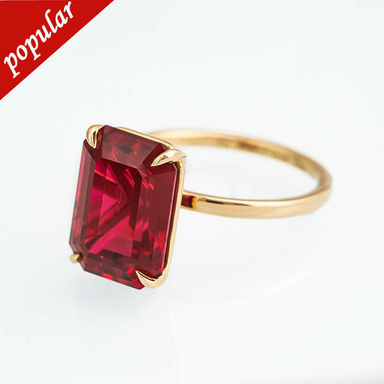 Goldleaf Fine Jewelry Ring 18K Gold High Grade Emerald Cut Lab Grown Ruby Gemstone Ring Finely Crafted Wedding Band