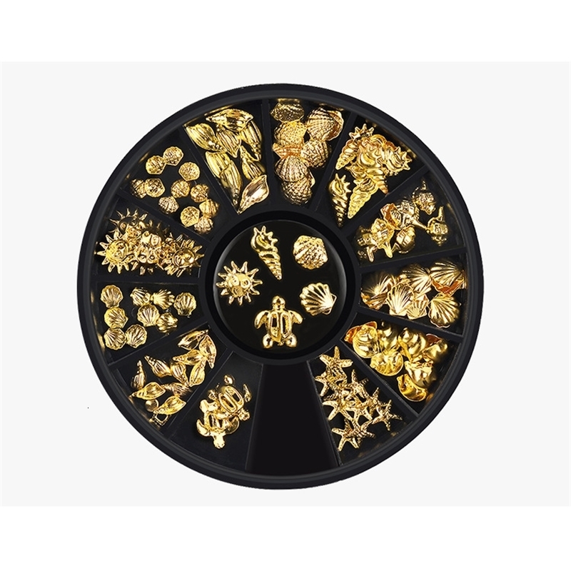 1 box of gold ocean themed metal studs starfish shells turtle pieces 3D nail art decoration wheels DIY UV handmade tools 240625