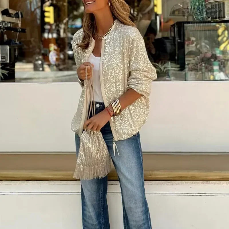 Commuter Lady Elegant Zipper Short Jacket Spring Glitter Sequin Shiny Top Cardigan Women Long Sleeve Pocket Autumn Coat Outwears F6.26#40