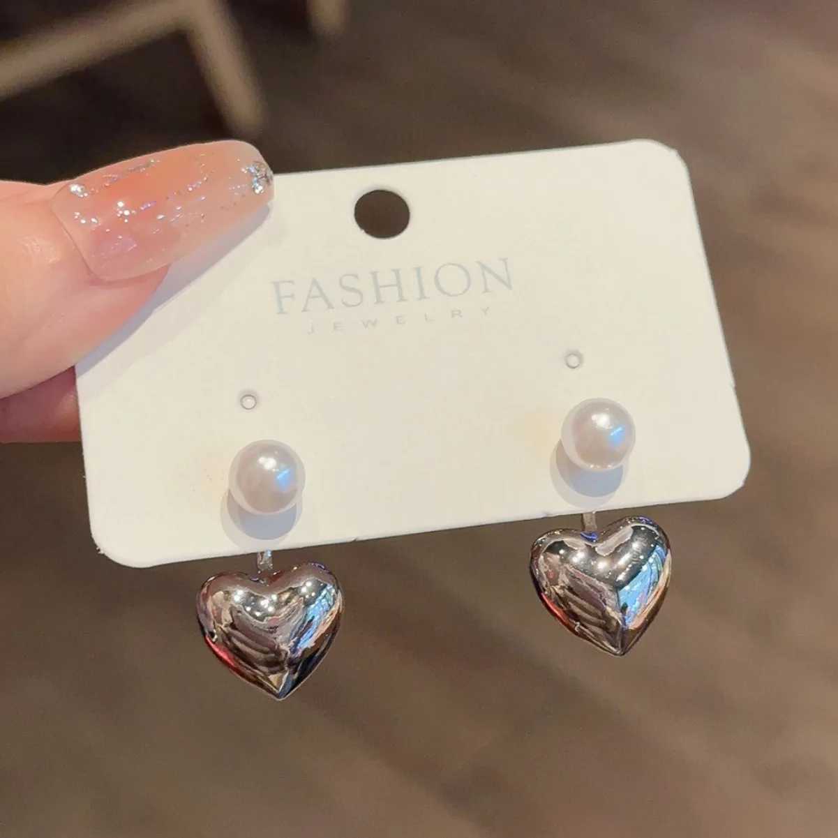 Charm Romantic 2 In 1 Heart Shape Dangle Earrings for Women Trendy Imiation Pearl Bead Drop Earrings Silver Color Metal Jewelry Gift