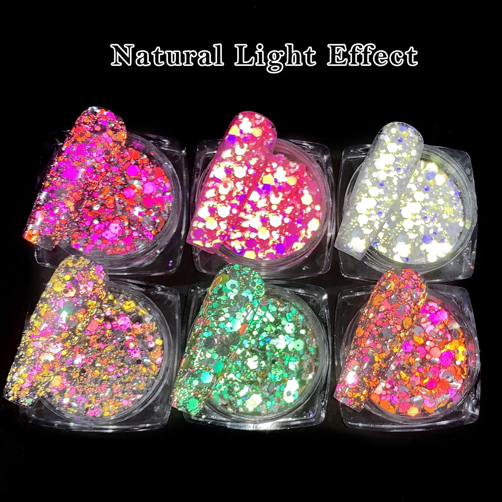 6pcs/set Reflective Flash Glitter Nail Powder Flash Disco Crystal Diamond Chrome Pigment Dipping Powder Party Sparkly 240625
