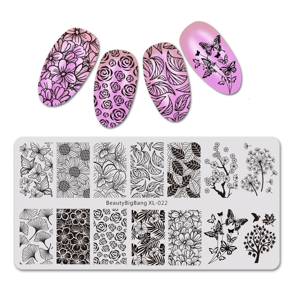 BeautyBigBang Flower Nail Art Stamping Board Butterfly Plant Leaves Stainless Steel Nail Stamping Template Handmade Tool 240625