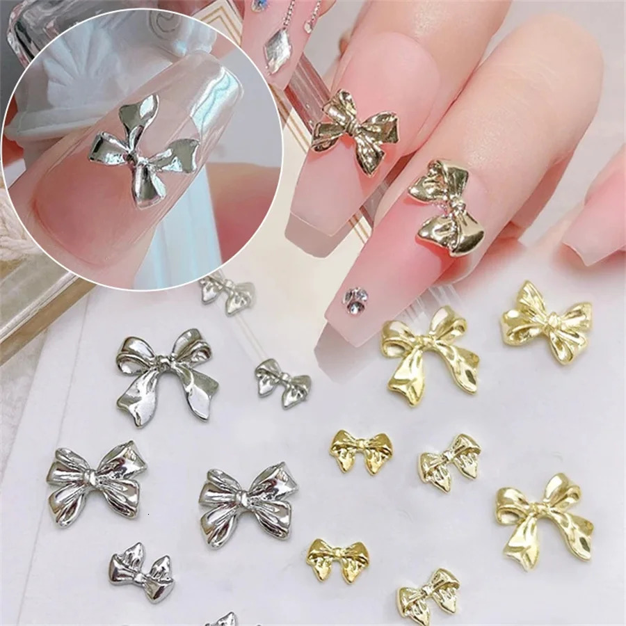 10 pieces/bag Metal 3D Bow Grey Gold Jewelry Nail Art Decoration Studs Charming Rhinestone Handmade Decoration DIY Women 240625
