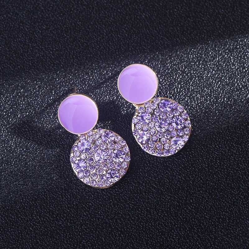 Charm Trendy Purple Rhinestones Drop Earrings for Women Enamel Oil Geometry Metal Round Dangle Earrings Party Jewelry Wholesale Gift