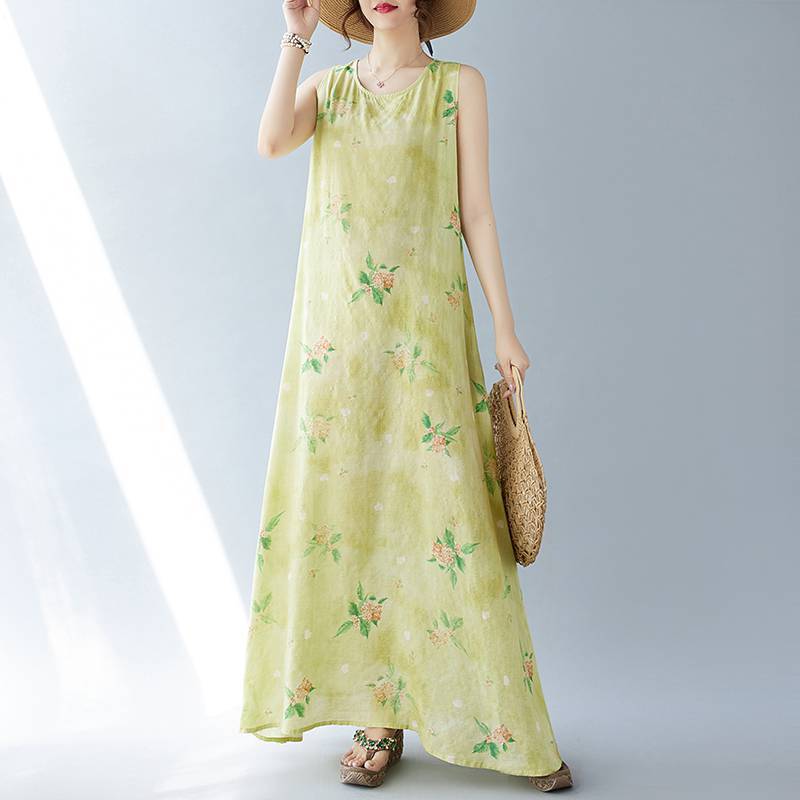 Sleeveless round neck printed dress, oversized women's new Bohemian vacation summer