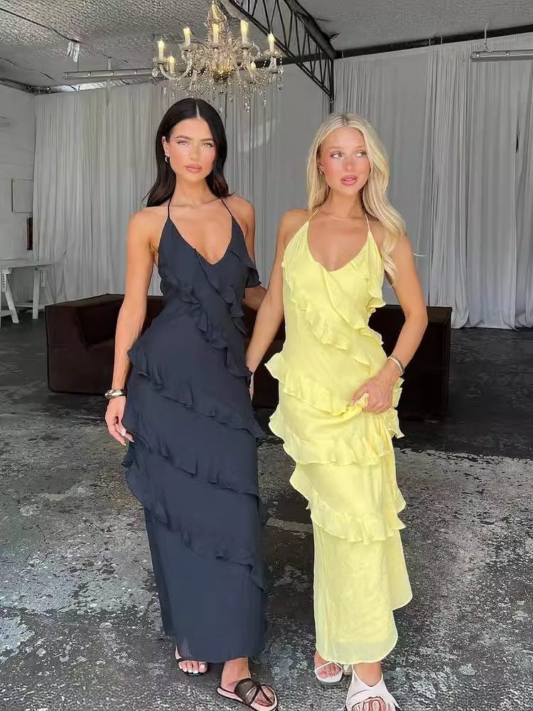 Sexy Designer Dress Ruffle Layer Long Dresses For Womens 2024 New Single Shoulder Party Dress For Women 240626