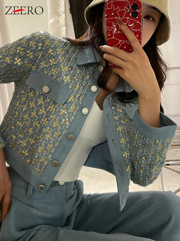 Korean 2 Piece Sets Womens Outfits Shiny Sequins Jean Coat Women Vintage Frayed Denim Jackets Patchwork Wide Leg Pant Sets 240618