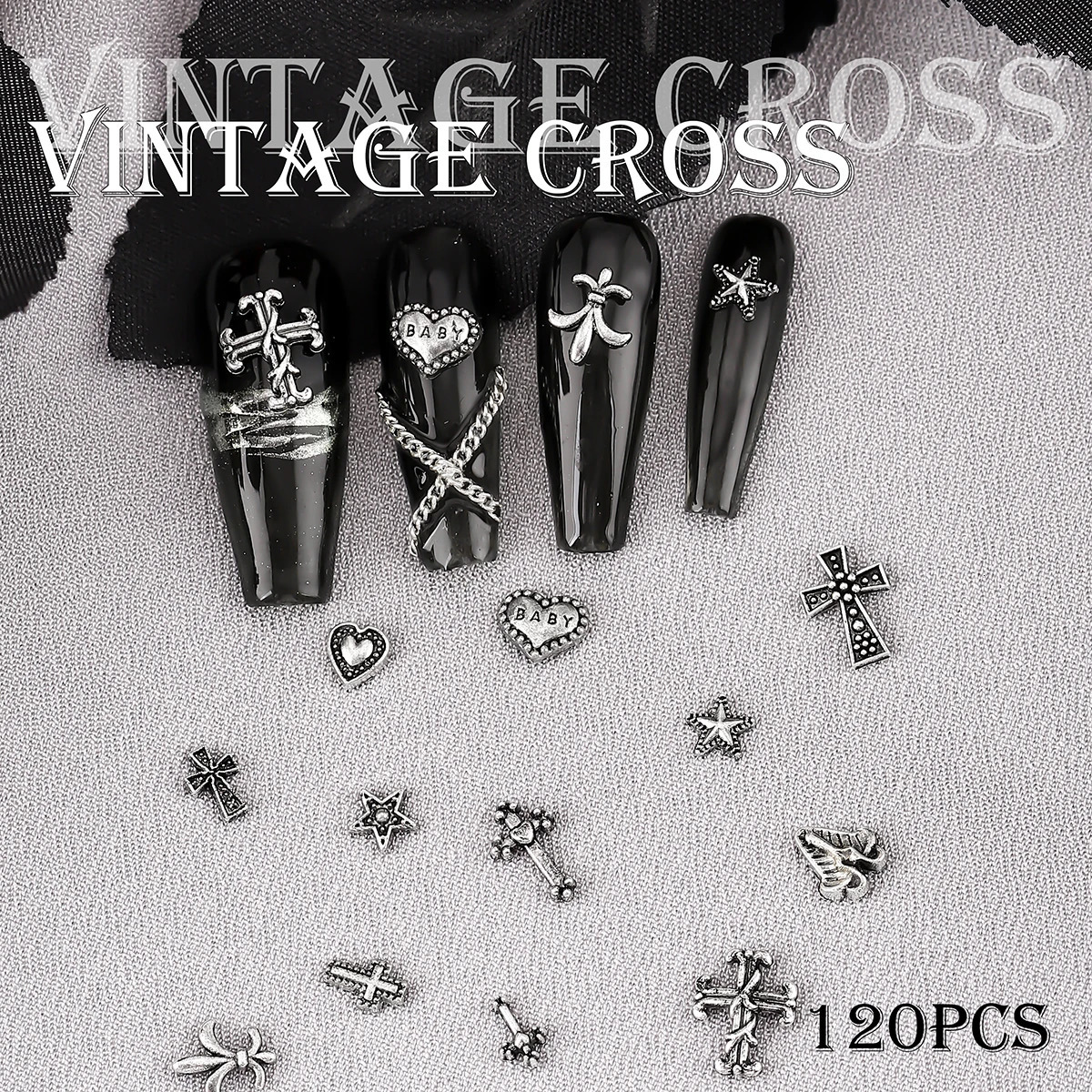 120 pieces/box European and American dark retro style cross nail art patch Y2K high-end metal style heart-shaped nail decoration set 240625