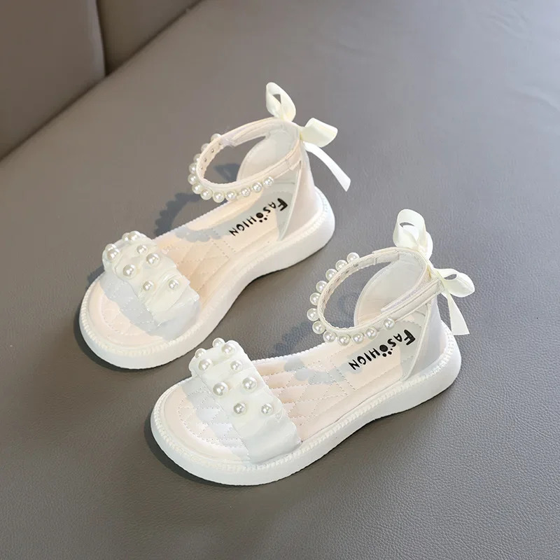 Girl Princess Dress Sandals Summer Chic Bowtie Children Causal Roman Sandals Fashion Pearl Ankle Strap Kid Open-toe Flat Sandals 240621