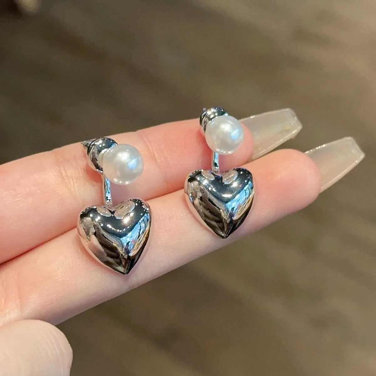Charm Romantic 2 In 1 Heart Shape Dangle Earrings for Women Trendy Imiation Pearl Bead Drop Earrings Silver Color Metal Jewelry Gift