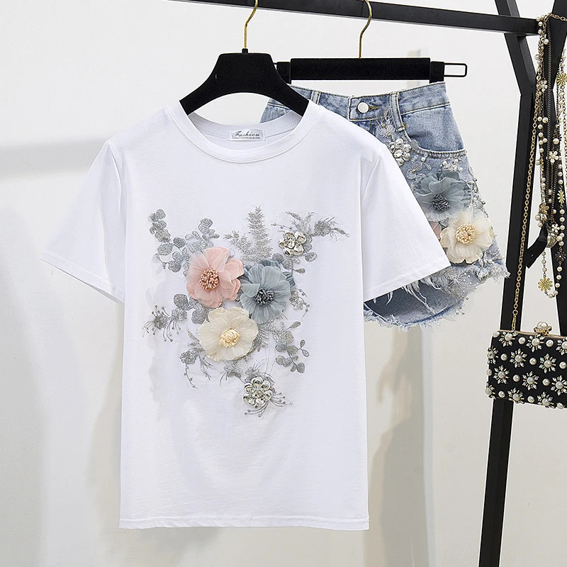 Fashion Cotton TShirt Tops Short Jeans 2 Pieces Sets Summer Womens Denim Pants Outfits 3D Flowers Beading Suits 240618