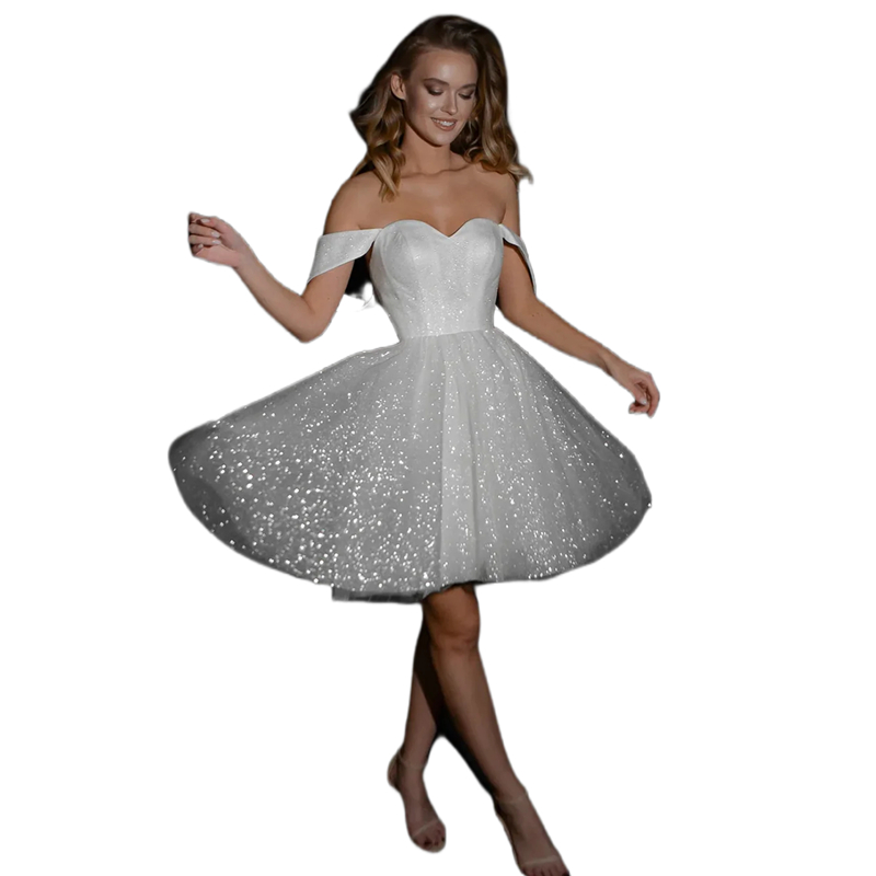 White Glitter Prom Dresses Off the Shoulder A-Line Short vestidos de noche Sequins Tulle Elegant Sleeveless Mini Homecoming Dress Evening Gowns