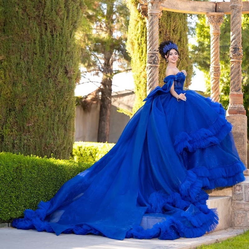 Royal Blue Shiny Ball Quinceanera Dresses Vestidos De 15 Anos Quinceaneras 2024 Tulle Ruffles Brithday Gown Sweet 16 Dress