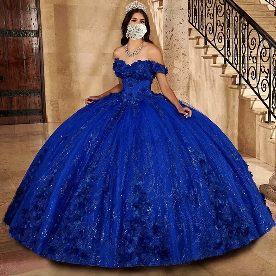 2024 Princess Royal Blue Quinceanera Dress Off Shoulder Sweetheart Beading With 3D Flowers Ball Gown Elegant Tulle Dresses Free shipping