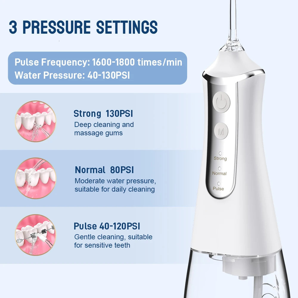 Dental Oral Irrigator Water Flosser Thread Teeth Pick Mouth Washing Machine 5 Nozzels 3 Modes USB Rechargeable 300ml Tank o240625
