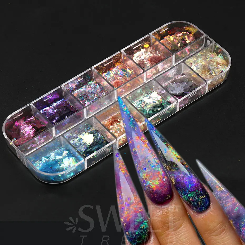 12Grid Aurora Ice Crystal Opal Powder Nail Glitter Iridescent Dust Charm Nail Flakes Slice Sparkly Brocade Sequin Manicure BEYFH 240625