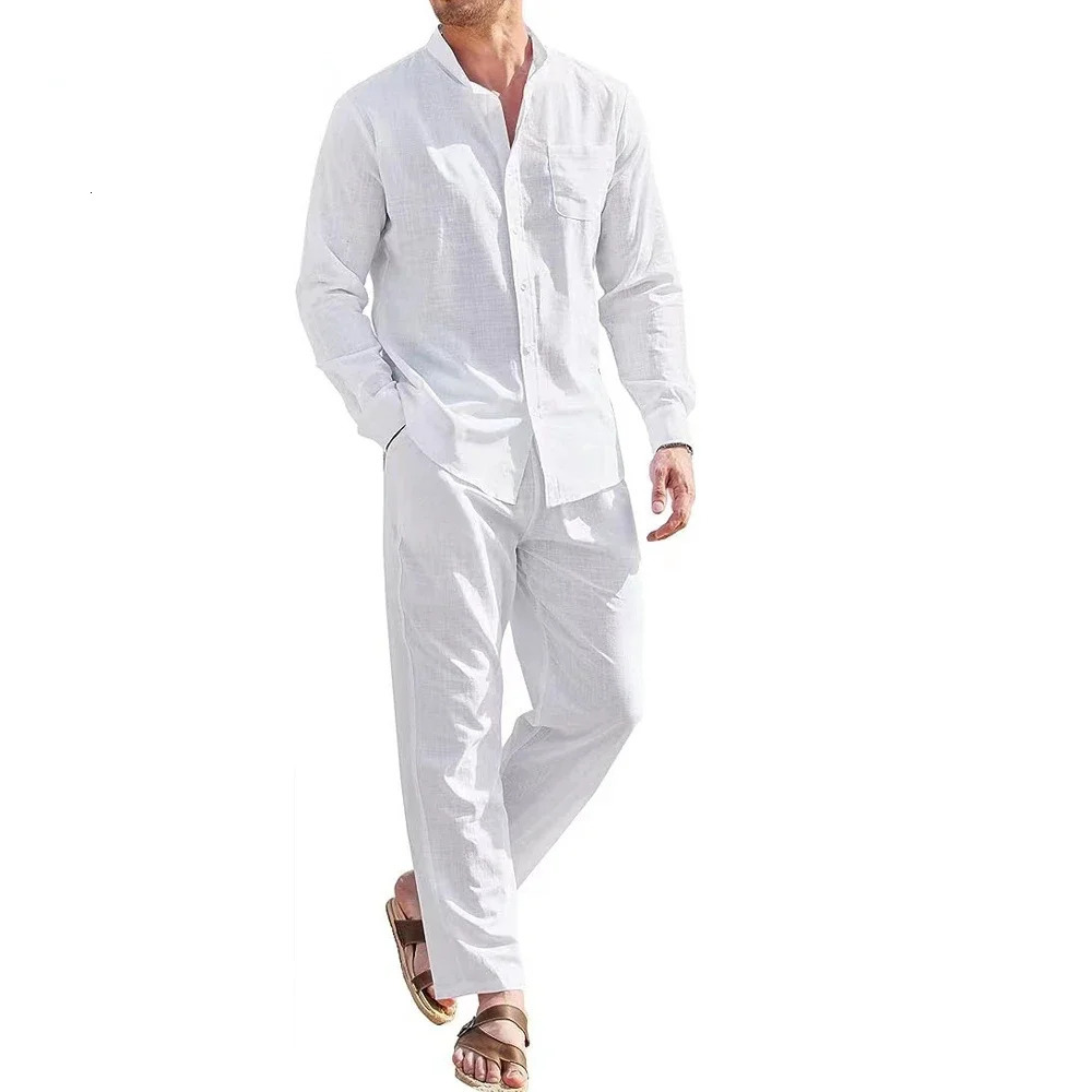 Plus Size Mens Casual Linen Two Piece Sets Europe Style Vintage Basic Tops and Solid Pants Suit Male Beach Tracksuits Set 240614