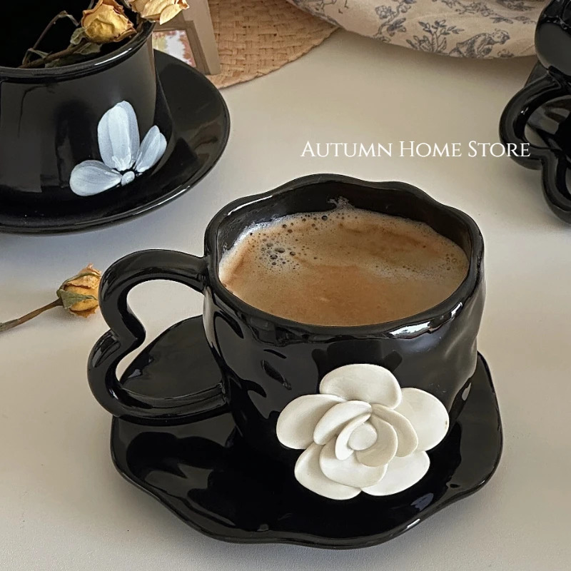 Handmade 3D Camellia Flower Black Coffee Afternoon Tea Cup Plate Ceramic Cup Gift Cup 240626