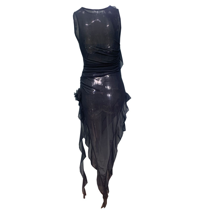 European and American women's sexy mesh irregular slim fit wrap buttocks sleeveless dress