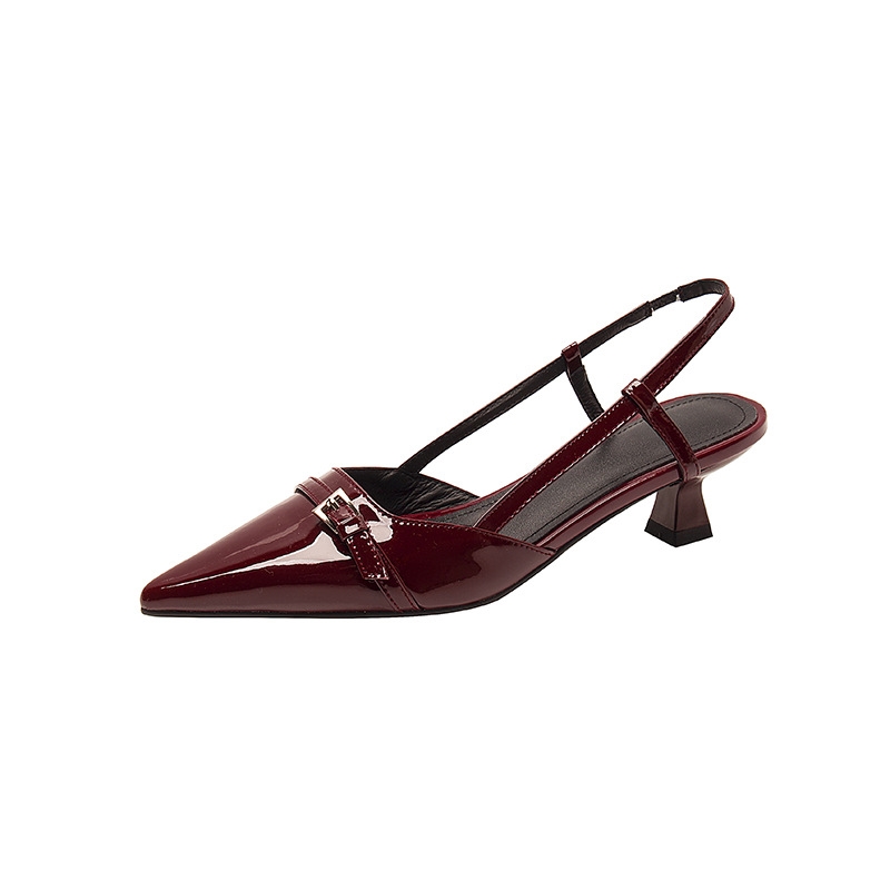Thin heel women's pointed toe patent leather new hollow back sandals versatile retro 2024 summer French toe sandals red