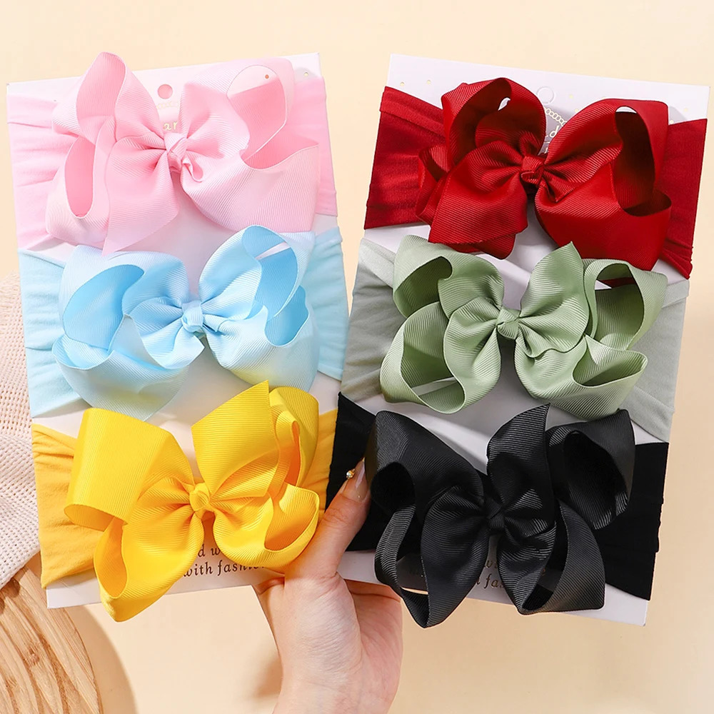 born Wide Nylon Turban Girls Big Bows Hair Accessories Child Headband Elastic Bands Ribbon Kids Baby Headwear 1pcs 240625